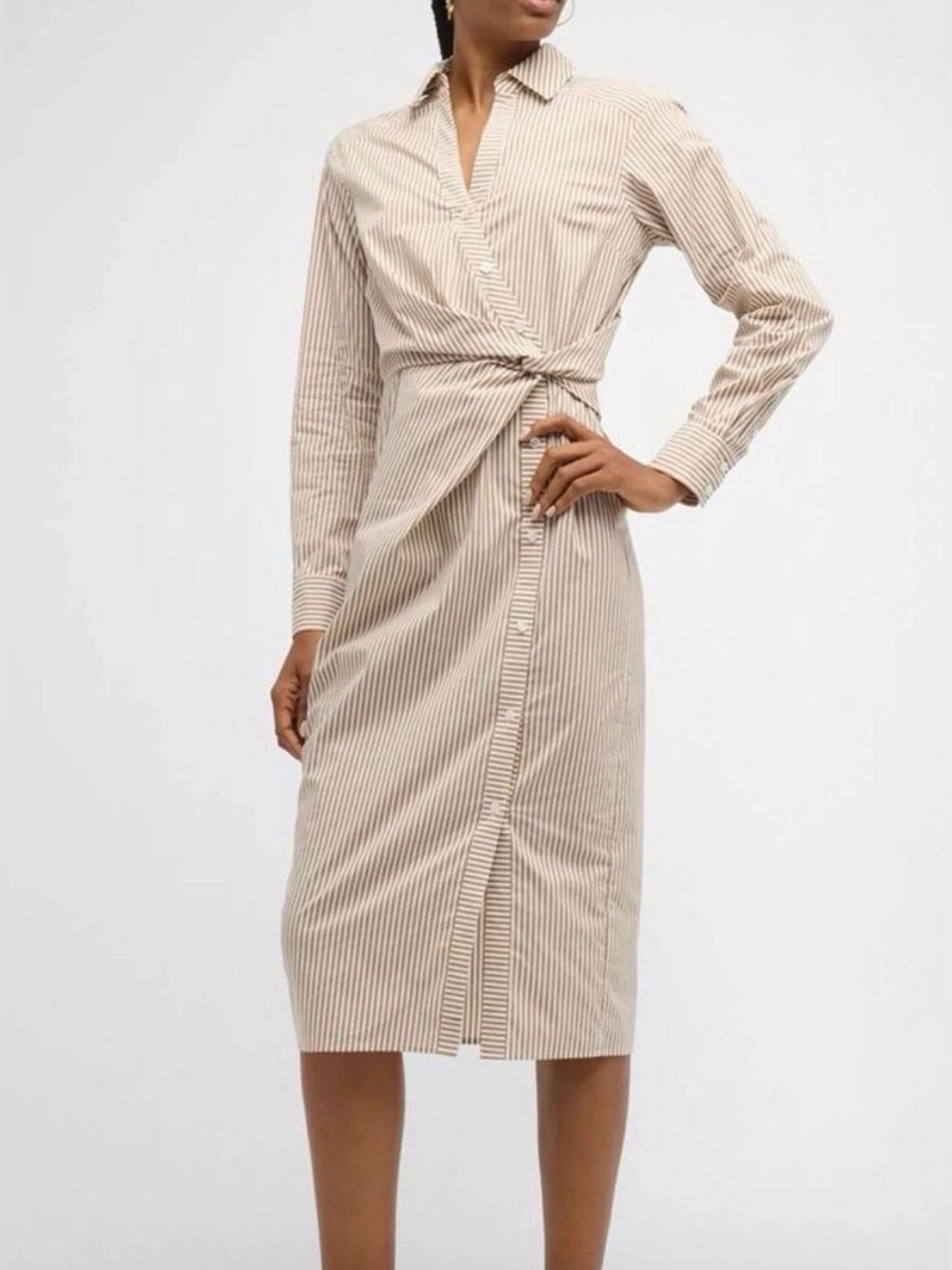 VERONICA BEARD Acorn and White Wright midi shirt Dress tan button down size 10